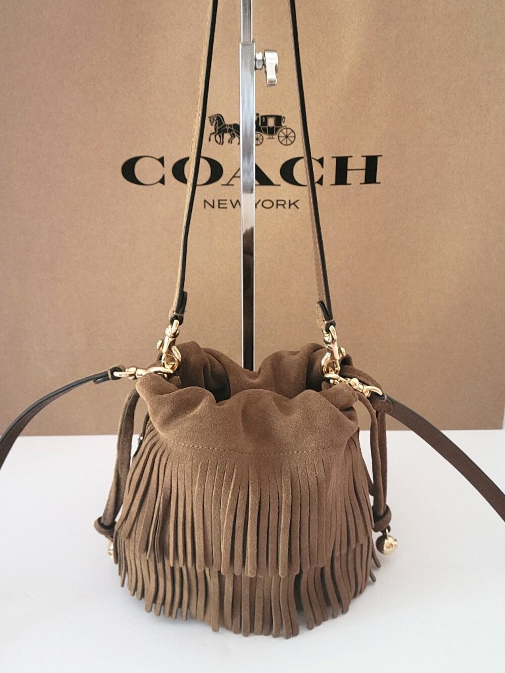 Coach CFP28 Faye Mini Suede Fringe Drawstring Crossbody Handbag Cedar